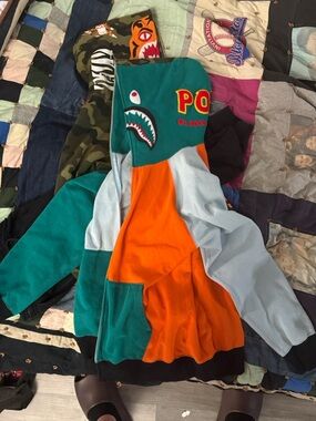 Bape Colorblock Shark Zip-Up Hoodie Teal Orange Light Gray